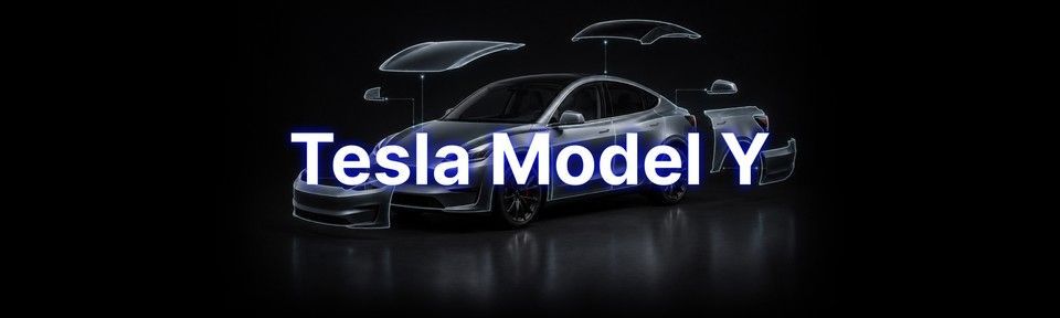 Автомобиль Tesla Model Y изображена с обособленными кузовными элементами